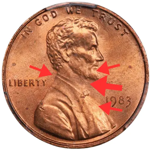 1983 copper cent annotated educational coin close up error mint variety