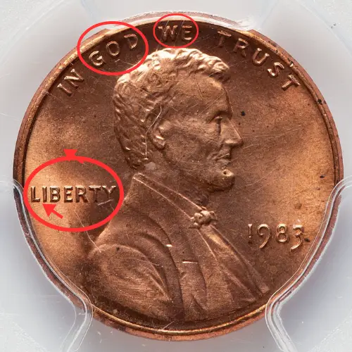 1983 doubled die obverse annotated learning close up coin