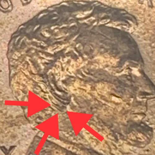 1984 doubled ear penny identification diagram annotated with arrows